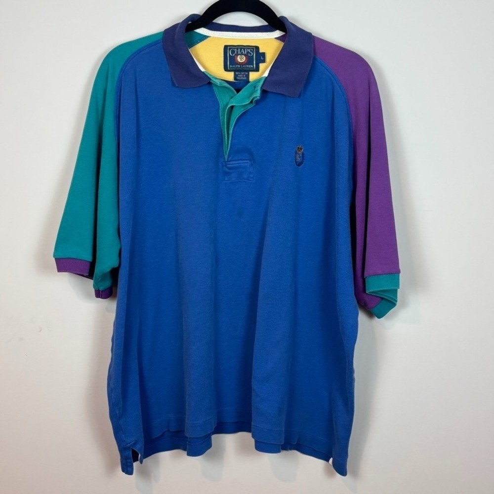 VTG 90's Chaps Ralph Lauren Mens Blue Colorblock Polo Shirt SZ Large *Flaw Retro